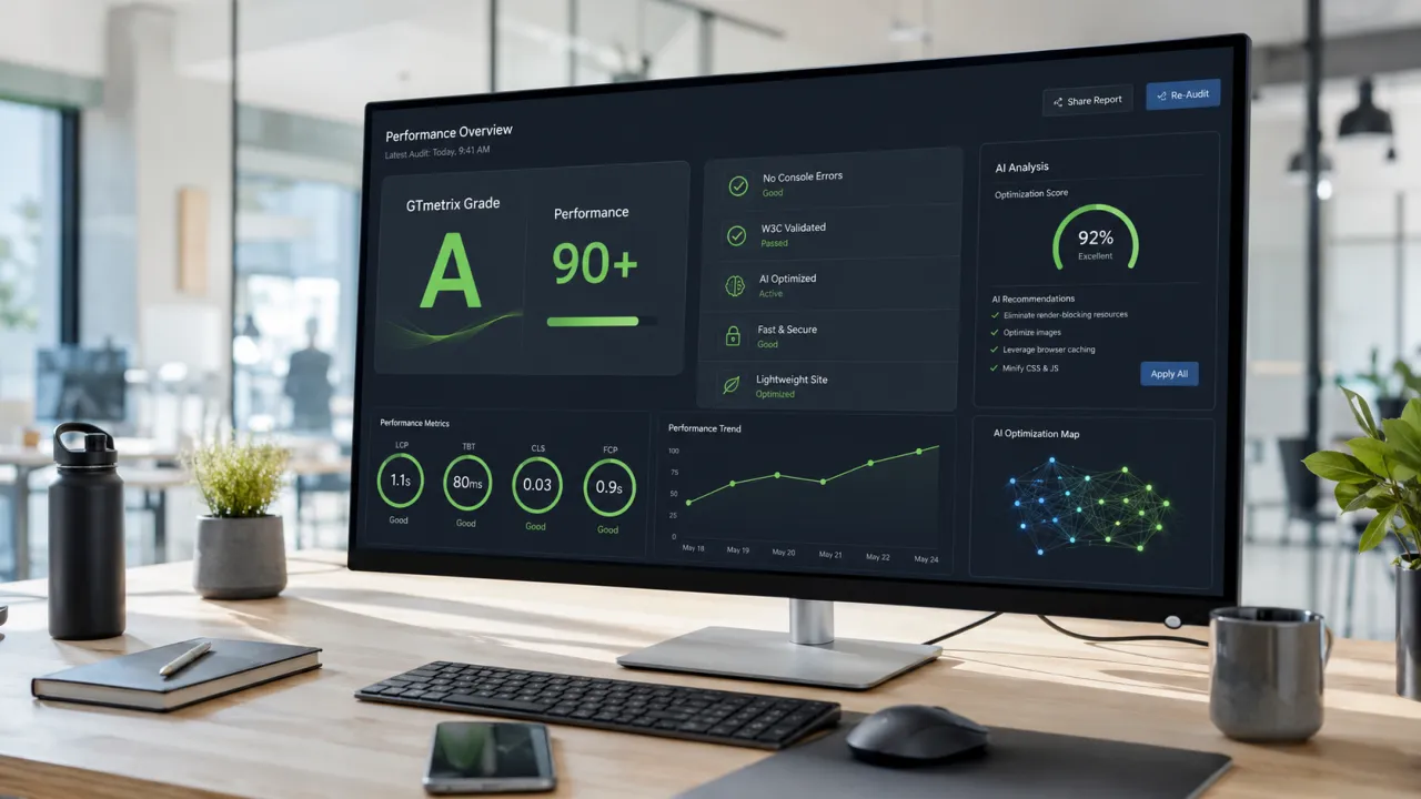 Dashboard com métricas de performance e velocidade do site